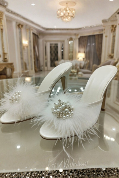 big mama Bridal Slippers: Pearl-Embellished Dowry Slippers with Feathered Hee...
