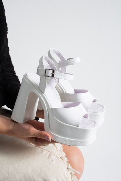 dabab shoes Varena Women's White Platform Sole 13 cm Thick Heeled Ankle Strap...