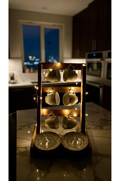 AtölyemSade Ahşap Mini Kahve Köşesi Fincan Askılığı ve Sunum Standı (LED Işık...