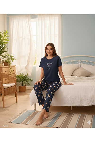İpek Women's Short Sleeve Crew Neck 100% Cotton Pajama Set