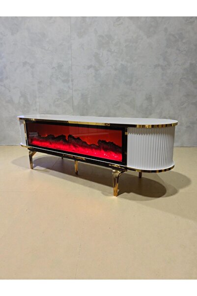 SOME Klasik Şömineli Tv sehpası. Beyaz renk Gold detaylı 160cm