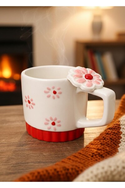 HİS Studio 3D Pembe Papatya Kabartmalı Tamamıyla El Yapımı Seramik Kupa | Çay...