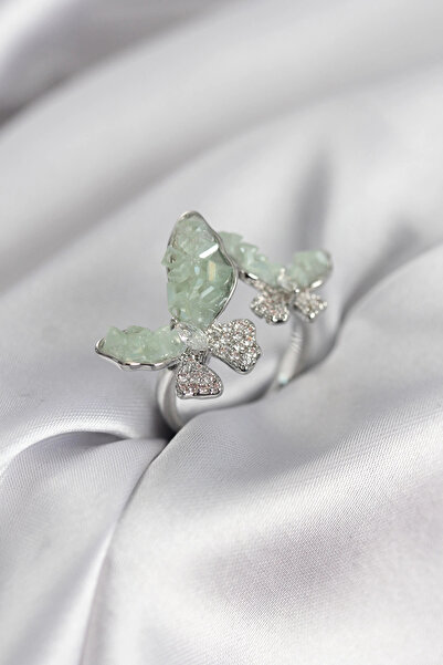 shopwave خاتم نسائي فضي اللون بتصميم فراشة خضراء مرصع بحجر الزركون