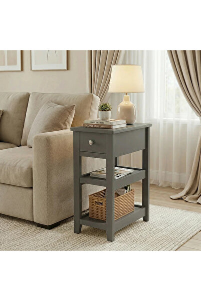 Poyraz Furniture Accessory Çekmeceli ve Raflı, Dar Yan Sehpa, Küçük Alanlar İ...