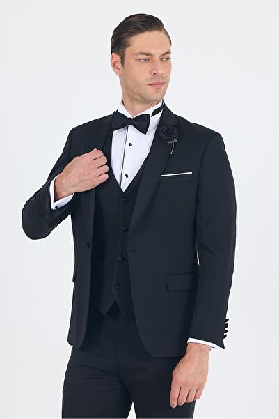 İmza Siyah Mono Yaka Tek Düğme Slim Fit Yelekli Ceremony Takım Elbise 1001250201