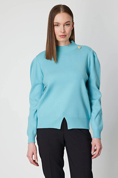 On Fashion Women's Buttoned Shoulder Detailed Turquoise Sweater 65331