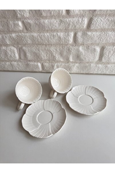 yeninesilevim 2'li Beyaz Çiçek Görünümlü Kahve Fincanı Takımı 100 mL