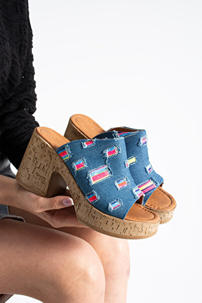 dabab shoes Nalera Women's Blue Platform Sole 9 cm Thick Heeled Denim Slipper...