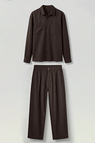 ablukaonline Men's Loose Fit Shirt Trousers Linen Two-Piece Set Brown