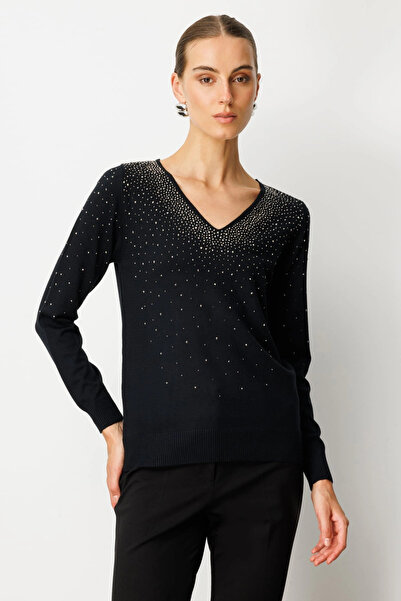 On Fashion Women's V-Neck Black Sweater with Stones on the Front 65315