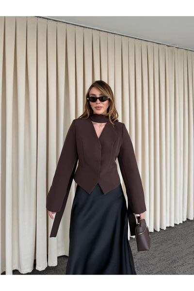 Laluvia Brown Padded Scarf Jacket - 85175