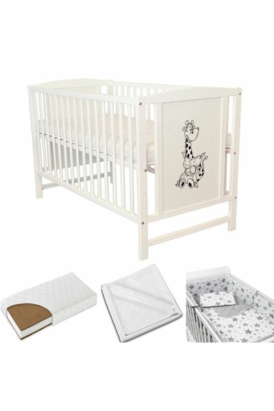 Kidizi Pătuț din lemn masiv 120x60 cm Bria alb, include saltea LUX 9 cm din c...