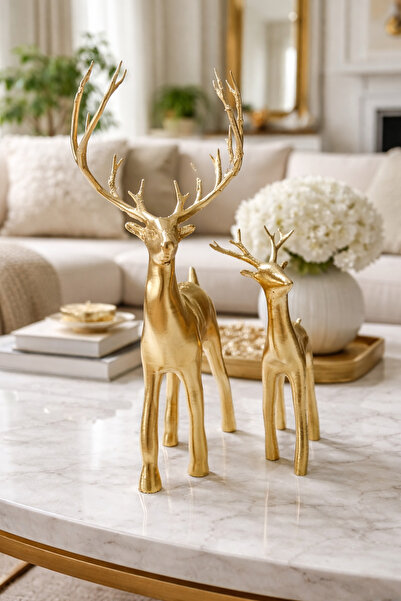 ersu store 22cm Gold Altın 2li Anne Ve Yavrusu Geyik Figürü Biblo Obje Dekora...