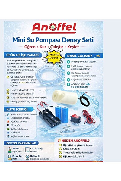 Anoffel Mini Su Pompası Deney Seti 1 Adet Hortum Pil Yatağı Anahtar Mikro Dal...