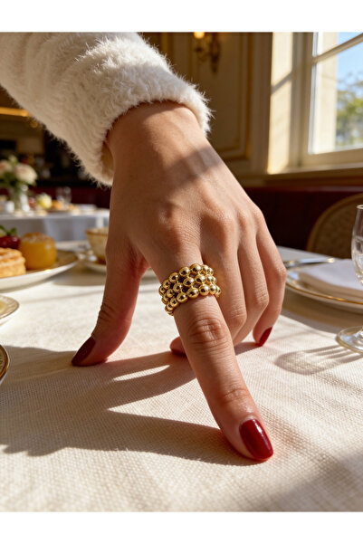 ayoljewelry خاتم من الفولاذ بتصميم "فقاعة" مع ثلاثة صفوف من الكرات الذهبية قا...