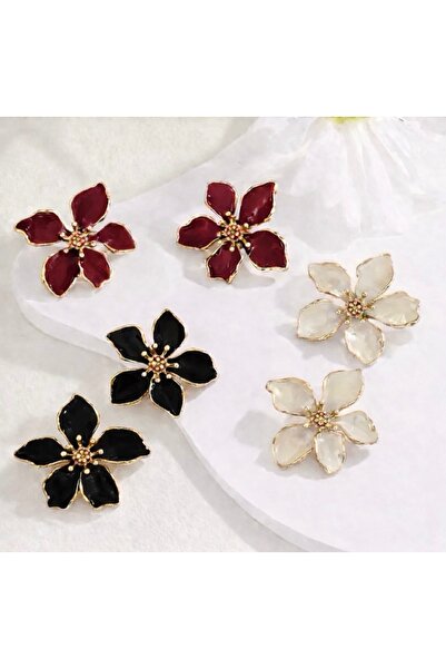 monalisatoka Kadın Gold Siyah/Ekru/Bordo Mineli 5 Yapraklı Küpe Seti 3 Adet