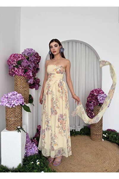 ETİKAFASHION Straplez Şal Detaylı Uzun Çiçekli Elbise