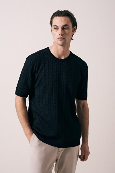 İLKCET MODA Ανδρικό πλεκτό μπλουζάκι με σχέδια σε μαύρο χρώμα, oversized