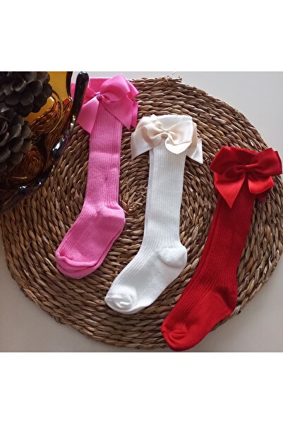 MARS BABY Baby Girl Pink Red Ecru 3-Piece Bow Knee Socks