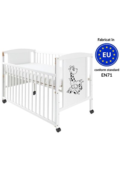 Kidizi Patut din lemn masiv 120x60 cm Bria alb cu laterala culisanta si roti,...