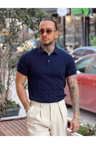 manch collection Hair Braid Detailed Knitwear Polo Collar Navy Blue