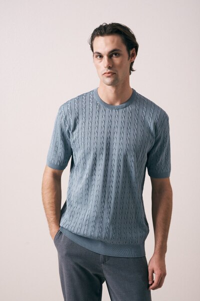 İLKCET MODA Patterned Indigo Oversize Men's Knitwear T-Shirt