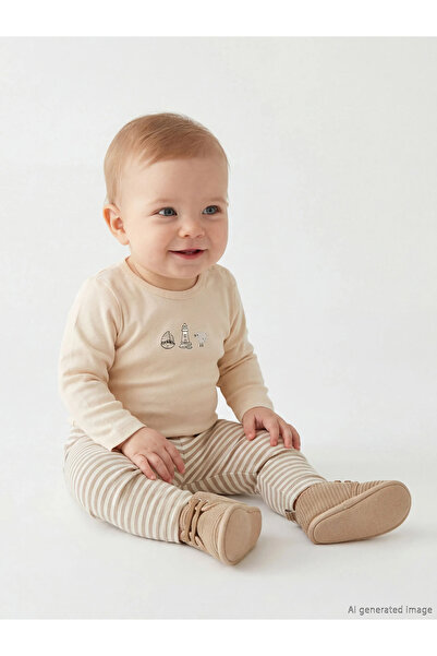 LC Waikiki Lcw Baby Beige Printed Baby Boy Snap-On Bodysuit and Sweatpants