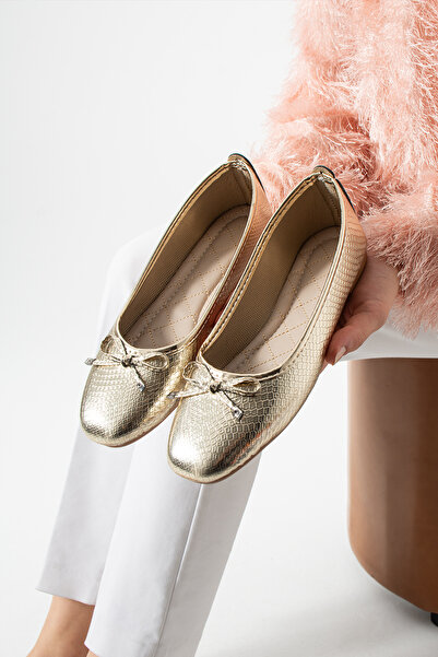 star shoes Women's gold yellow bow leather ballet flat casual shoes