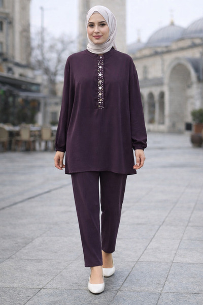 Puane Women's Beaded Collar and Shell Embroidery Detailed Shalwar Trousers Se...