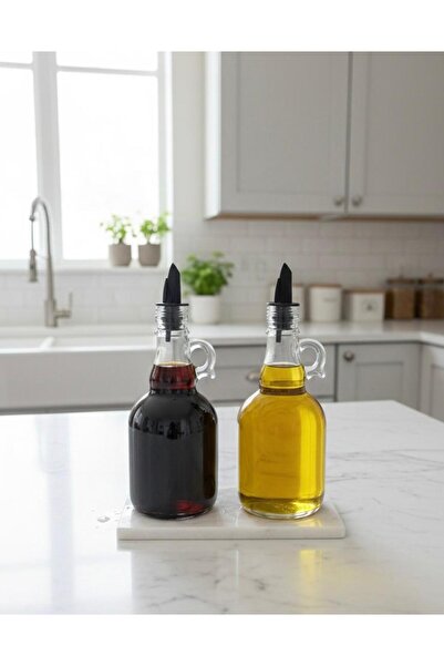 KACASTORE 2 Angled Glass Oil Bottles Set with Marble Stand 500 ml