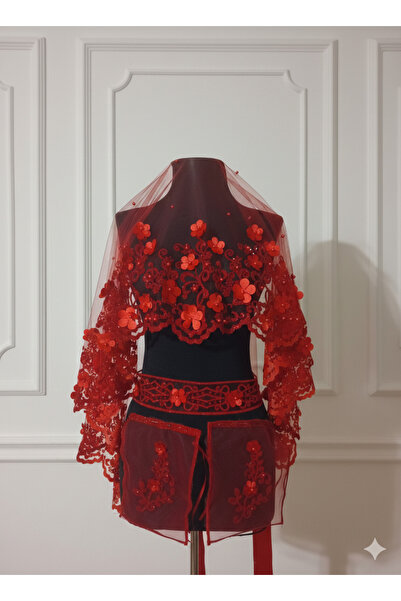 Anka kına evi Kırmızı Gelin Duvak Kına Örtüsü Seti, Takım, Flok simli, Saten ...