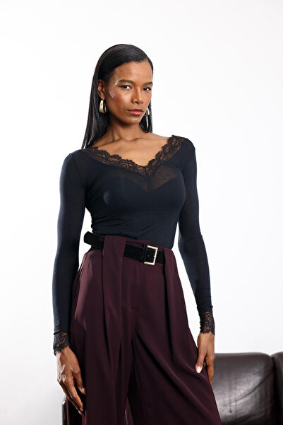 5in1Canpolat Black Lace Modal Cashmere Long Sleeve Blouse