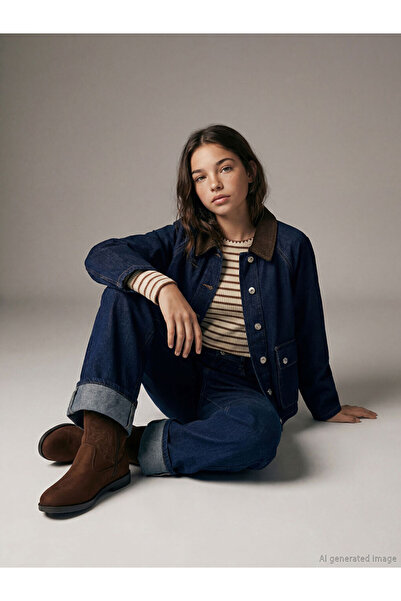 LC Waikiki RMZ GİYİM FARKİLY سترة جينز للفتيات بياقة روبا من القطيفة المضلعة