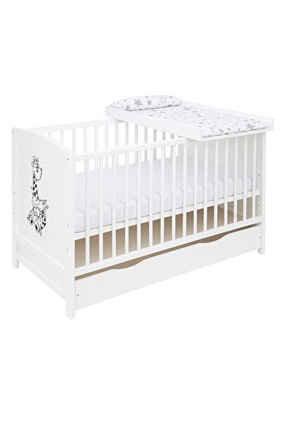 Kidizi Patut din lemn masiv 120x60 cm Bria alb cu sertar, masuta infasat din ...