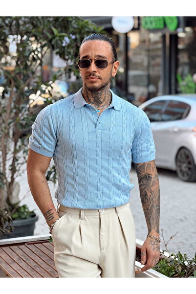 manch collection Hair Braid Detailed Knitwear Polo Collar Blue