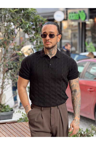 manch collection Hair Braid Detailed Knitwear Polo Collar Black