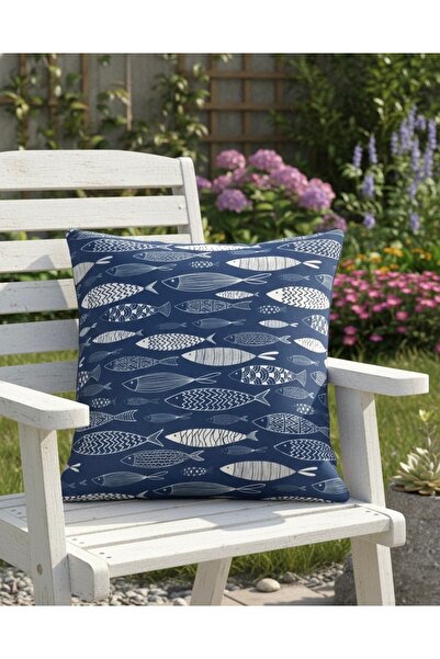 White Alamode Modern Marine Patterned Digital Printed Throw Pillow Cover with...