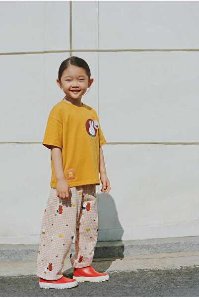 Magu Girl's Cotton Mustard Rabbit Print T-Shirt and Plaid Sweatpants Set