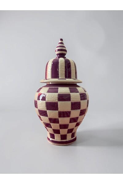 YOOS El Yapımı Çark İşi 25Cm Kütahya Çinisi Damalı Şah Küp Çini Vazo