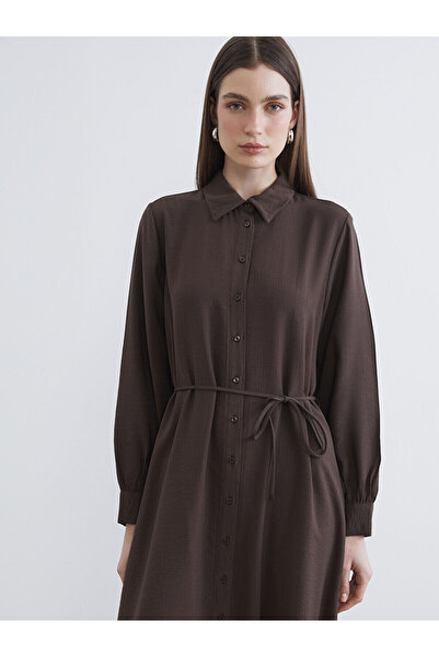 LC Waikiki Meral Collection Brown Textured Belted Shirt Dress