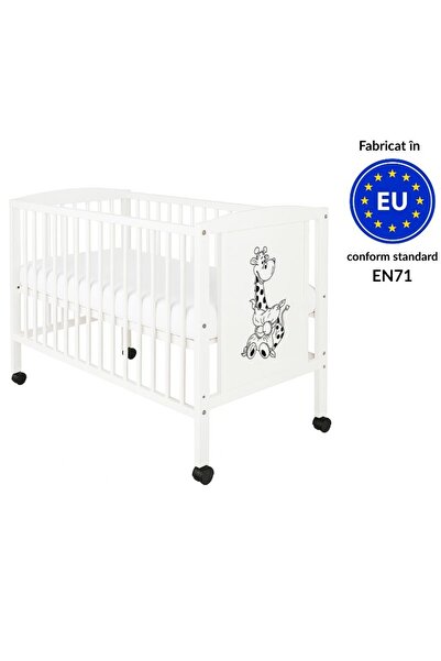 Kidizi Patut din lemn masiv 120x60 cm Bria alb cu roti, reglabil pe 3 nivele,...