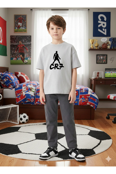 ALYAKİDS Boy's Gray Ronaldo Cr7 Printed 100% Cotton T-Shirt