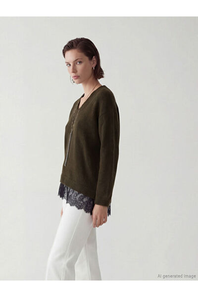 LC Waikiki Rmz Gi̇yi̇m Farkiyla V Dikim Lace Detailed Women's Knitwear Sweater