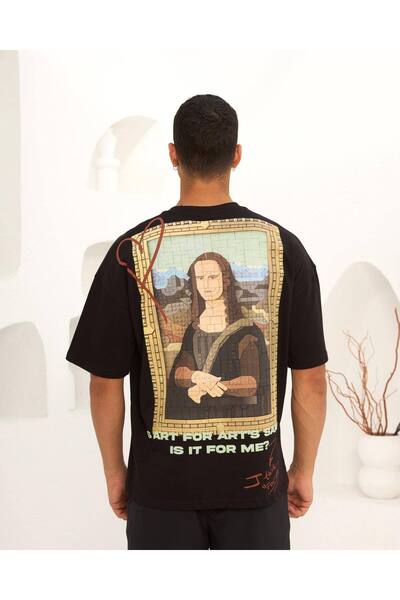 Wonraces تي شيرت رجالي كبير الحجم برقبة دائرية مطبوع عليه صورة الموناليزا