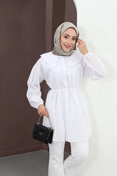 MetuCA Women's White Wide Double Collar Pleated Belted Woven Fabric Long Tuni...