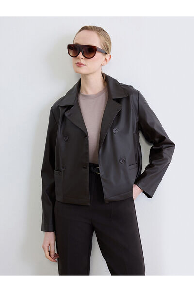 LC Waikiki Nevavm Double-Breasted Collar Women's Leather Look Jacket