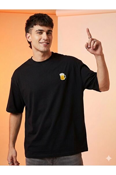 PERISENSE Unisex Beer Glass Printed Premium Combed Cotton Oversize T-Shirt