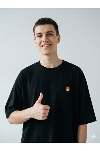PERISENSE Unisex Flame Emoji Printed Premium Combed Cotton Oversize T-Shirt