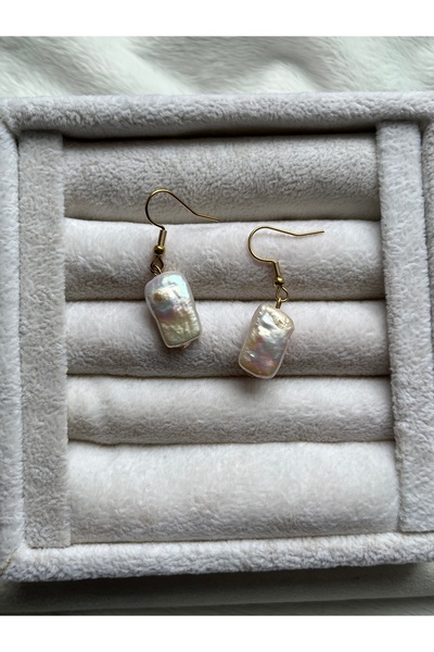 Pel Design Rectangular Pearl Gold Color Steel Earrings Handcrafted