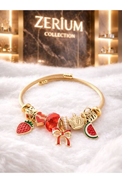 ZERİUM Modern Steel Stylish Women's Charm Steel Bracelet Bow Watermelon Cherr...